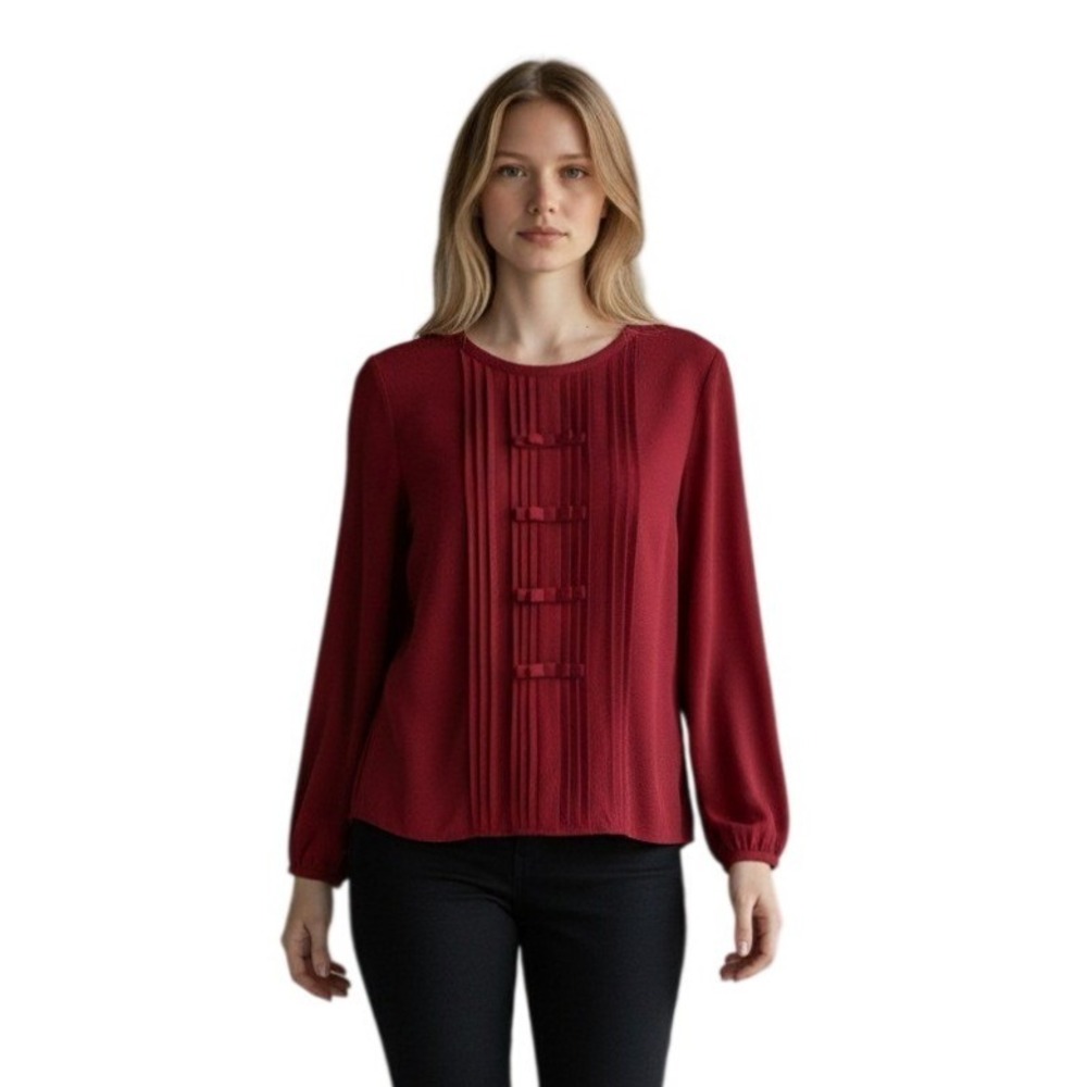 CeCe Womens Crimson Red Pintuck Bow Front Long Sleeve Crepe Blouse‎ NWT Size M
